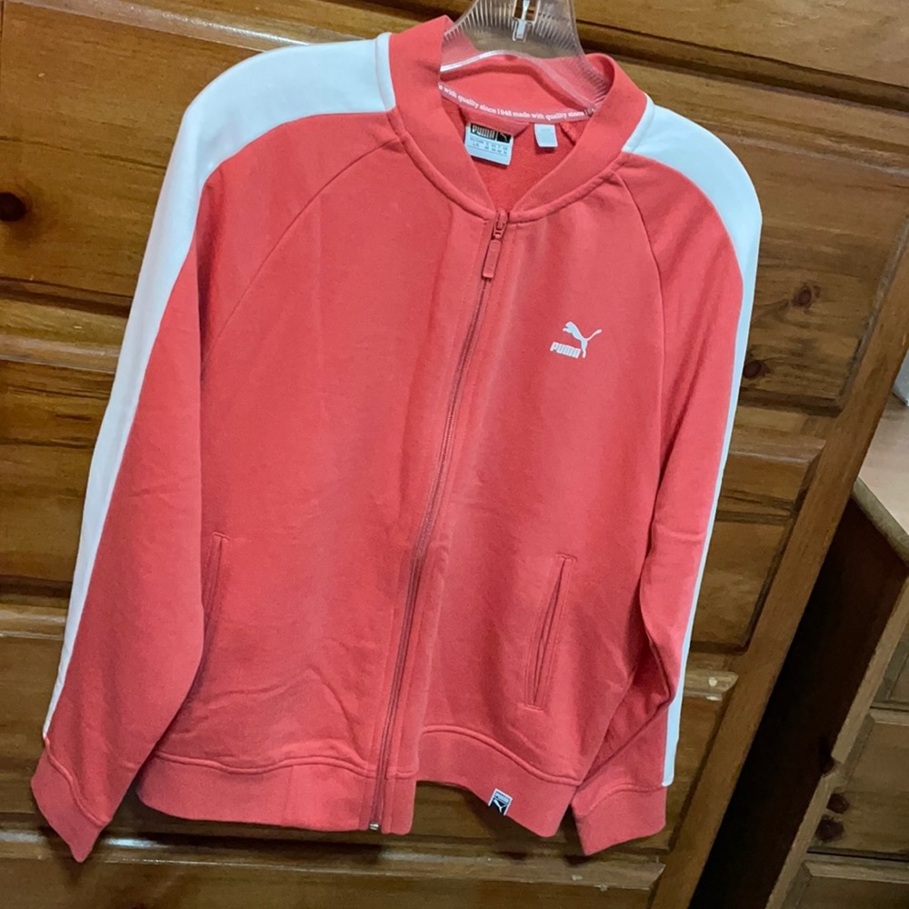 Puma track jacket, front zip, coral color, size L